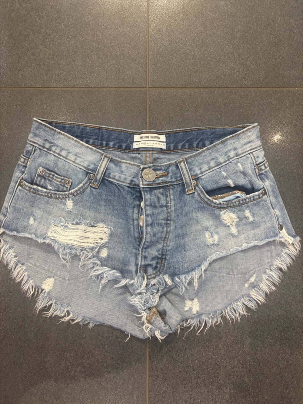One Teaspoon light blue distressed denim cutoff shorts
